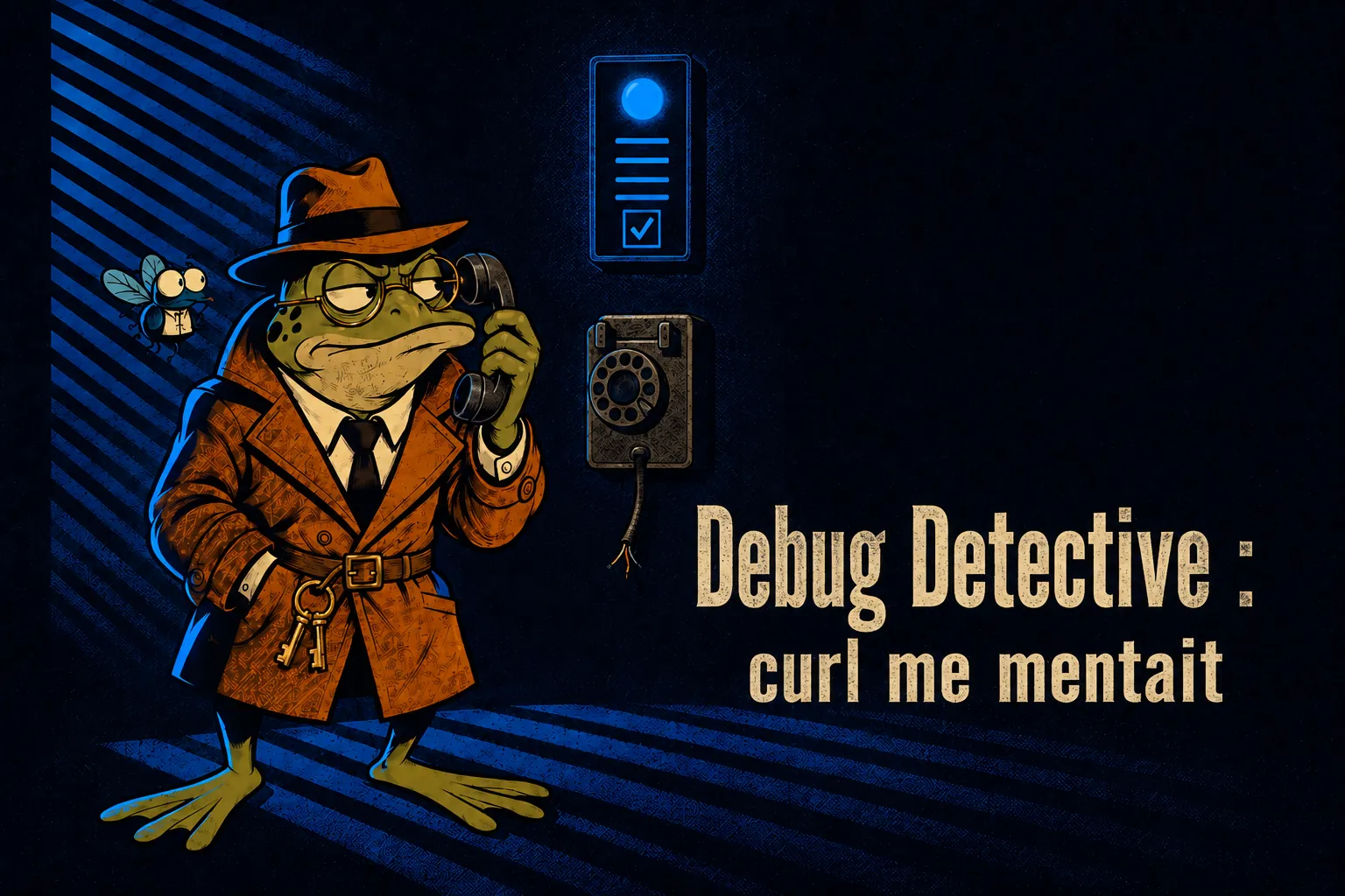 Didi tient le combine d'un telephone mural contre son oreille, le fil sectionne net, sous un panneau au voyant fixe indiquant que tout va bien. Sudo la mouche vole a son epaule.