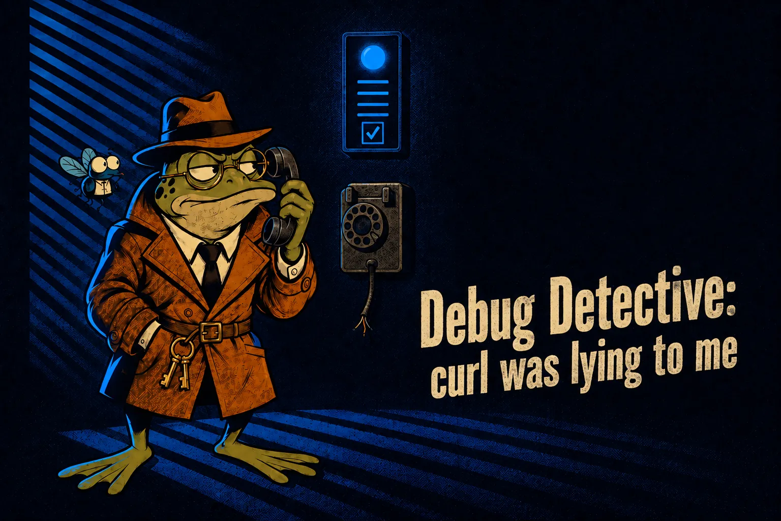 Didi holds a wall telephone handset to his ear, its cord cut clean through, beneath a panel glowing a steady all-clear. Sudo the fly hovers at his shoulder.