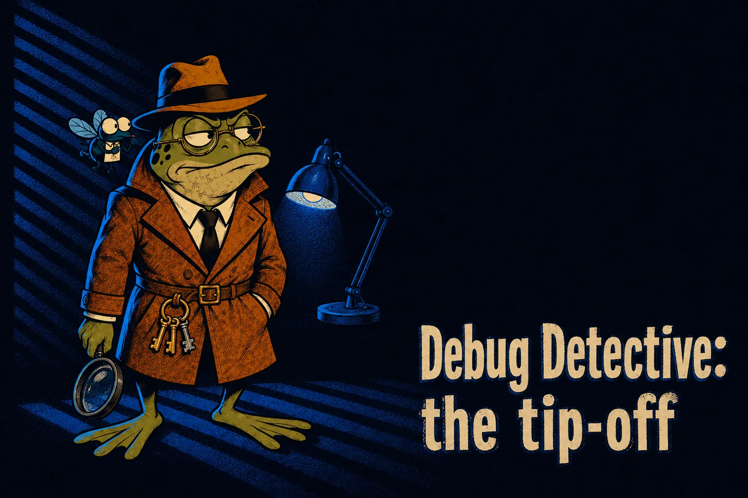 Didi stands still in his office, magnifying glass lowered at his side, listening to Sudo the fly at his ear. Three keys hang from his belt, one of them a different shape from the others.