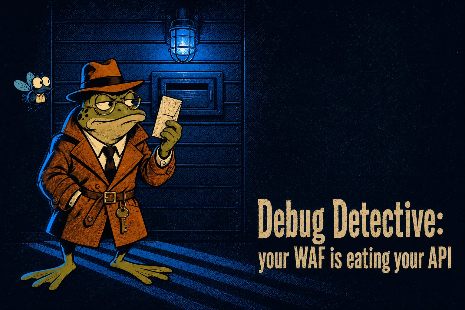 Didi holds a folded paper docket up to a closed sliding hatch in a heavy steel shutter, lit by a caged lamp above. Sudo the fly hovers at his shoulder.