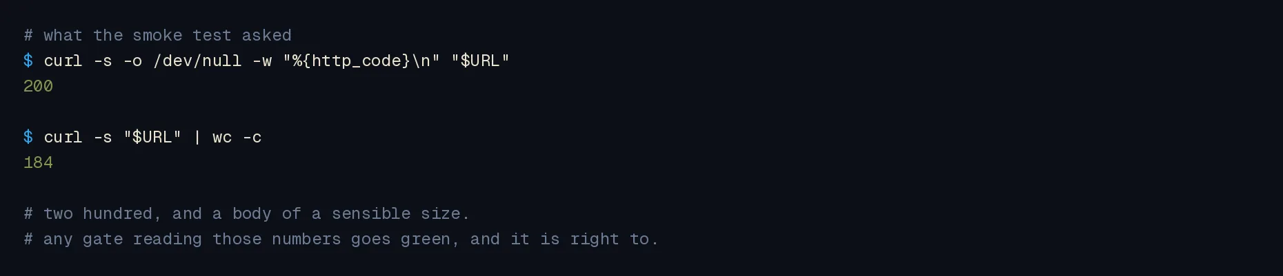 A curl command asking only for the HTTP status code, returning 200, and a second showing the response body is a sensible size.